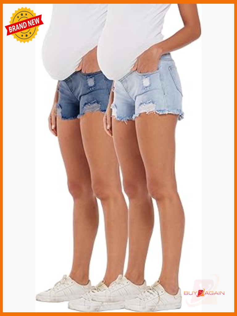 Maternity Denim Shorts Stretchy Underbelly Low Rise Ripped Frayed Hem
